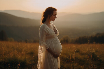 Naklejka premium photo of pregnant woman in nature, generative ai