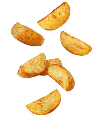 Falling fried Potato wedges, isolated on white background, full depth of field