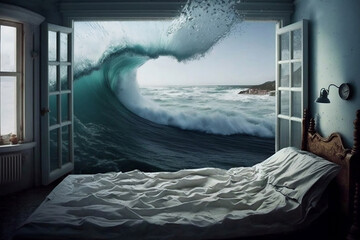 Surreal room in ocean, generative ai