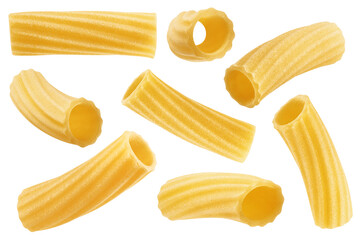 raw Tubetti Rigati, uncooked Italian Pasta, isolated on white background, full depth of field