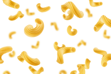 Falling raw Cavatappi, Cellentany, uncooked Italian Pasta, isolated on white background, selective focus