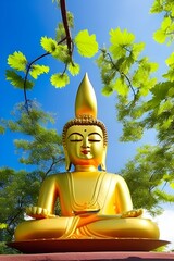 Obraz premium buddha purnima, image of a golden Buddha statue against the background of a blue sky created by the artificial intelligence of the neural network