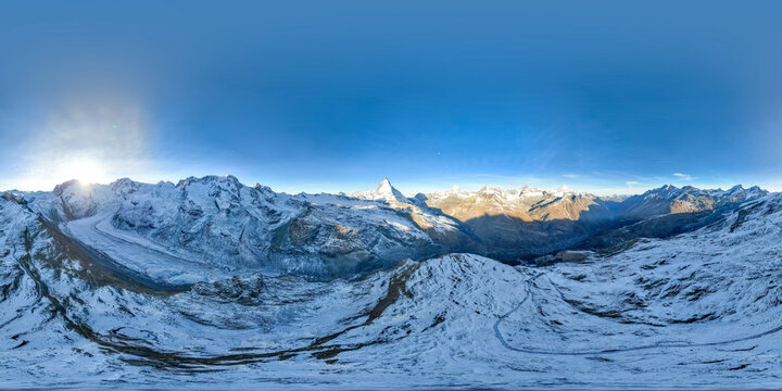 Seamless spherical HDRI aerial panorama 360 degrees for VR virtual reality of iconic Matterhorn mountain in autumn. Zermatt popular travel ski resort in the alps, Switzerland. Nature landscape.