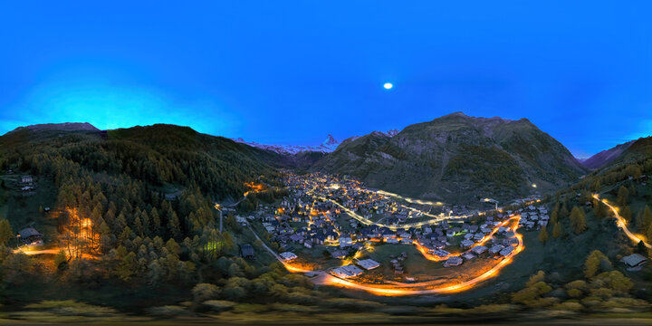 Seamless spherical HDRI aerial panorama 360 degrees for VR virtual reality of Zermatt city Valley ski resort and Matterhorn at night in Swiss alps, Switzerland in autumn. Landscape travel destination.