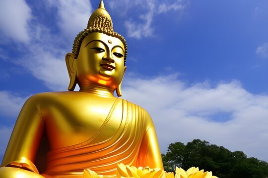 buddha purnima, image of a golden Buddha statue against the background of a blue sky created by the artificial intelligence of the neural network