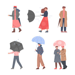 People Characters Holding Umbrella Walking in Rainy Day Vector Set