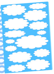 Spiral notebook, with clouds and blue background.