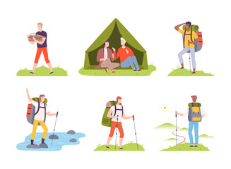 Young Man with Backpack Camping Engaged in Hiking and Trekking Adventure Vector Illustration Set