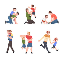 Father and Kid as Man Happy Dad Playing with Son Vector Set