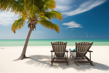Fototapeta na wymiar a couple of lounge chairs sitting on top of a sandy beach, palm trees on the beach, generative ai illustration 