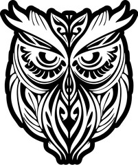 ﻿A tattoo design of a black and white owl displaying Polynesian-inspired patterns.