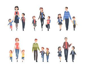 Father and Mother Walking with Kid Carrying Backpack Leading to School Vector Set