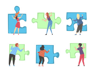 Back View of Young Man and Woman Solving Jigsaw Puzzle Vector Set