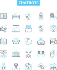 Chatbots vector line icons set. Chatbots, AI, Automation, Dialogue, Conversational, Virtual, NLP illustration outline concept symbols and signs