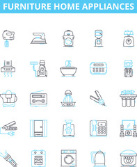 Furniture home appliances vector line icons set. Furniture, Appliances, Sofa, Chair, Table, Bed, Mattress illustration outline concept symbols and signs