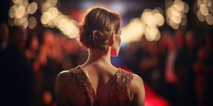 beautiful female celebrity on the red carpet, actress, back turned