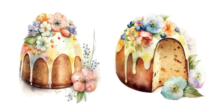 Easter kulich cake hand-drawn watercolor. Vectorized watercolor drawing.