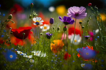 Beautiful spring meadow with colorful flowers