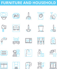 Furniture and household vector line icons set. Furniture, Household, Chair, Couch, Table, Desk, Bed illustration outline concept symbols and signs