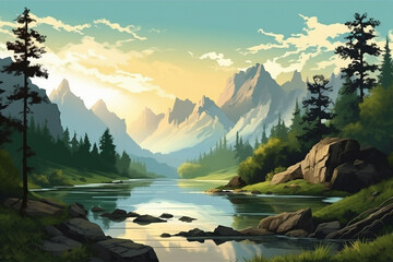Landscape with lake and mountains. Simple flat cartoon illustration created with generative ai teachnology