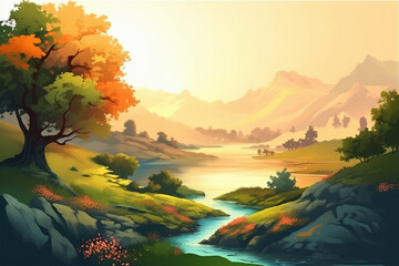 Landscape with autumn mountains. Simple flat cartoon illustration created with generative ai teachnology