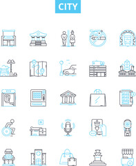 City vector line icons set. Town, Municipality, Metropolis, Urban, Borough, Hamlet, Village illustration outline concept symbols and signs