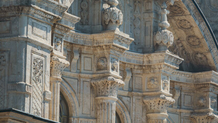 Details of Ortakoy Mosque also known as Büyük Mecidiye Camii in Beşiktaş, Istanbul, Turkey. It was built in 1853 in baroque style. Rococo and Hellenistic architecture heritage of Ottoman empire