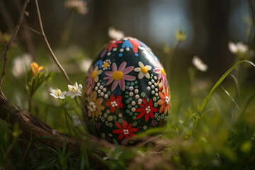 Obraz na płótnie Canvas Painted Easter egg on grass. Generative AI