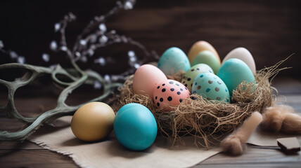 Fototapeta na wymiar Colorful easter eggs in a rustic setting. Generative AI.