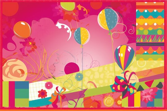 Birthday Scrapbook Scrapbooking Background with Balloons Presents Cake Confetti Streamers Vector Illustration	
