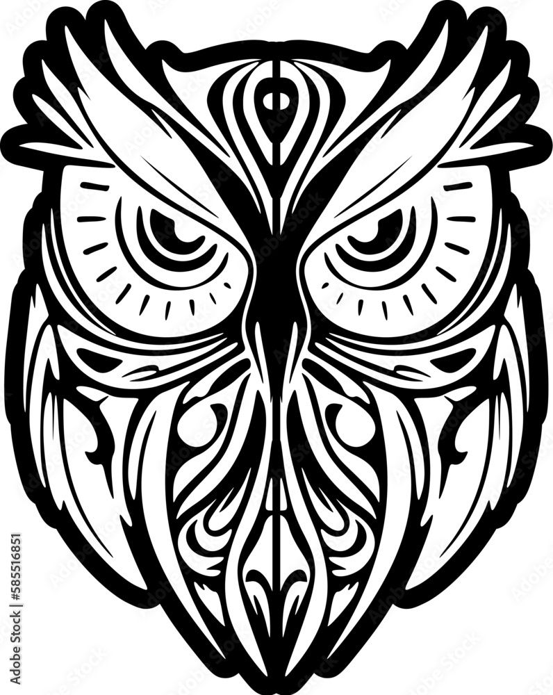 Wall mural ﻿Owl tat with black and white ink, decorated with Polynesian style designs.