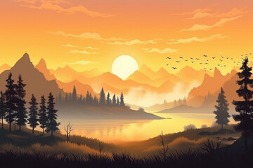 Beautiful sunset in the foggy landscape. Simple flat cartoon illustration created with generative ai technology