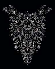 Fashionable neck embroidery design. Machine embroidery pattern design. Print placement for Women's T-shirt. You can use silver foil, rhinestone, Sequins, beads, 