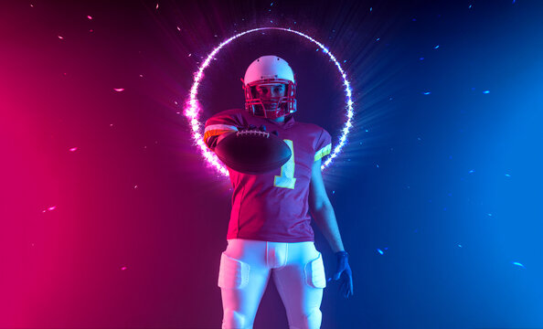 American football player banner in neon lights. Template for bookmaker ads with copy space. Mockup for betting advertisement. Sports betting, football betting, gambling, bookmaker, big win