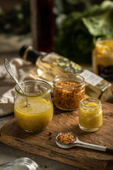 Mustard salad dressing in a glass