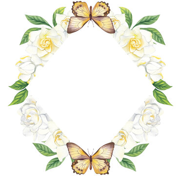 Watercolor square frame with white gardenia flowers and butterflies