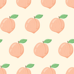 Whole ripe peach or nectarine with a leaf on a twig. Vector seamless cartoon pattern.