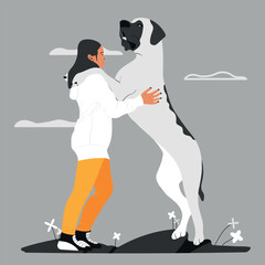 Huge dog hugging the owner lady flat vector illustration