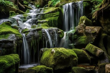 Fototapeta na wymiar Natural waterfall with rocks and green moss. Generative AI