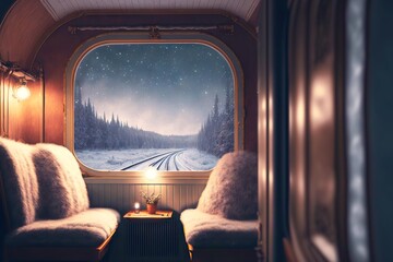 Polar Express Train coupe with soft comfortable sofas and winter view from window, created with generative ai - obrazy, fototapety, plakaty