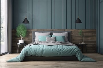 Blue bedroom interior mockup with gray bed on empty wooden wall background. Generative AI