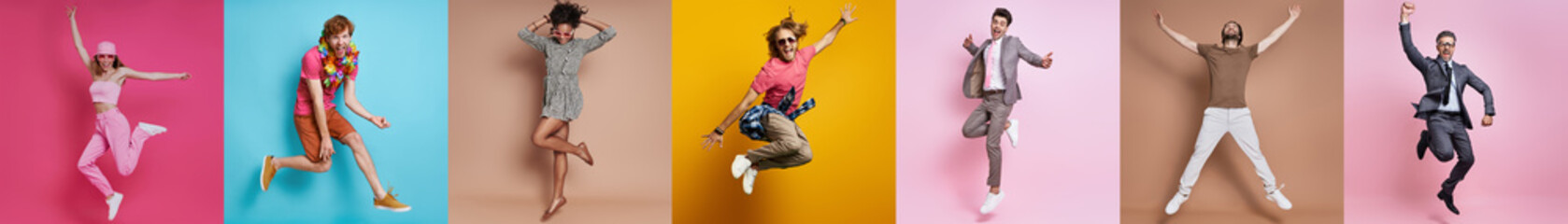 Collage of excited young people jumping against colorful backgrounds - 585519649
