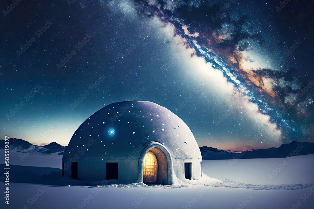 Poster Winter shelter in Arctic snow igloo against background of Milky Way and starry sky, created with generative ai