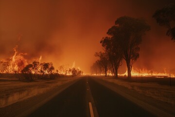 Wildfire in the Australian outback, road. Generative AI