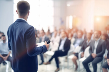 Speaker giving a presentation in the hall at university workshop. Audience or conference hall. Rear view of unrecognized participants in the audience. Scientific conference event, Generative AI
