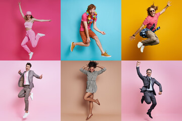 Collage of happy young people jumping against colorful backgrounds