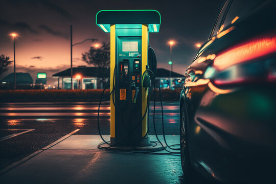Electric car charging at a gas station. Electric car charging at a petrol station. Alternative energy vehicle refueling at a gas station. Created with generative technology.