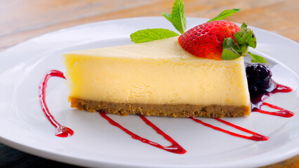 Indulge in a slice of New York cheesecake with berry sauce and fresh strawberry. The creamy and rich dessert is served on a white plate in cafe or restaurant.