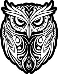 ﻿A black and white owl tattoo with Polynesian designs.