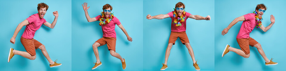 Collage of excited young man jumping and gesturing against blue backgrounds